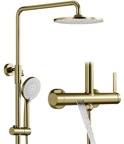 Duschsystem,Regendusche gebürstet gold,3 Funktionen Duschset,mit 230 mm runder Regenduschkopf,3 Modus Handbrause,und Badewannenarmatur,Duschsystem Mit Armatur,Duschamaturenset regendusche