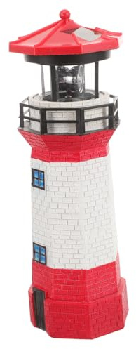 BAZEITFLOW Lampada Faro Solare Rotante da Giardino in Materiale e Ferro Decorazione Esterno Faro Decorativo Tema Costiero per Cortile e Passaggio Rosso