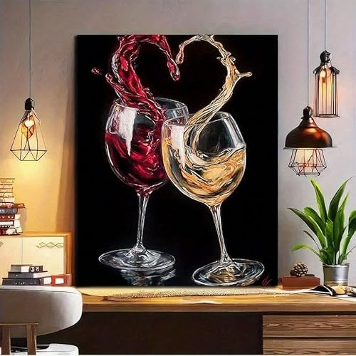 XINBAO Bicchieri da vino su tela - Dipinto con schizzi di vino rosso e bianco su sfondo, arredamento minimalista per bar - Stampa poster (80x110 cm/senza cornice)
