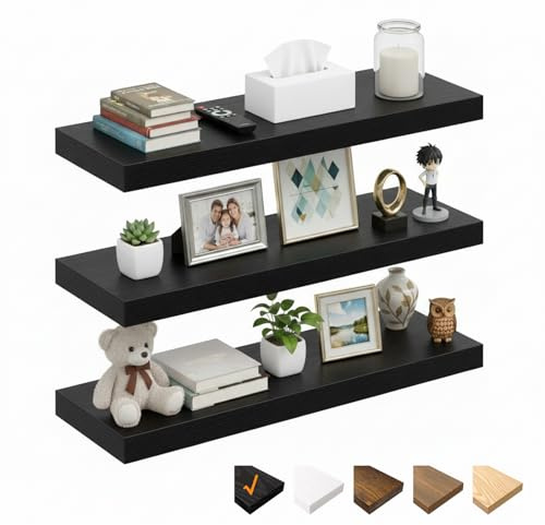 RICHER HOUSE Schwarz Wandregale,60x23,5X 3,8cm Wandboard MDF Holz,3er-Set | Holzregal Wand mit unsichtbaren Halterungen, Schweberegal für Schlafzimmer, Wohnzimmer, Badezimmer, Küche, Waschküche, Büro