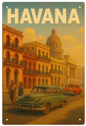 Blechschild Havana Vintage – Retro Metall Schild mit Oldtimer & Stadtmotiv – Nostalgie Wanddeko Kuba – 20x30 cm für Bar, Café, Küche & Wohnzimmer