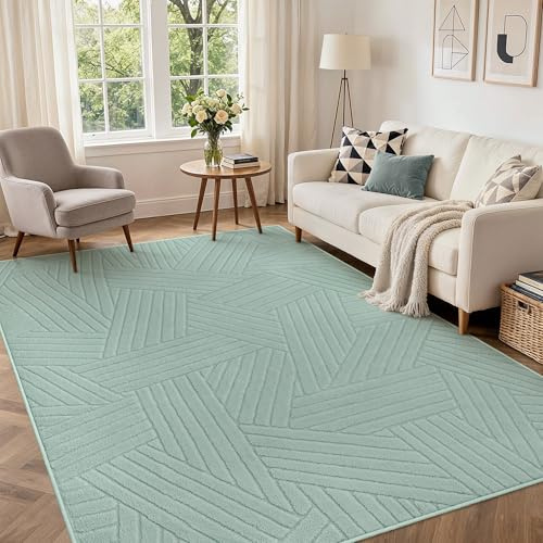 BEIMO Soft Washable Rug 160x230 cm, Area Rugs Living Room Large Abstract Non Slip Carpet Boho Bedroom, Pure Sage Green Lines | 3D Chevron Stripe Pattern, Perfect for Bedroom, Office, Low Pile, Soft Texture, Durable, Modern Decor, Lightweight