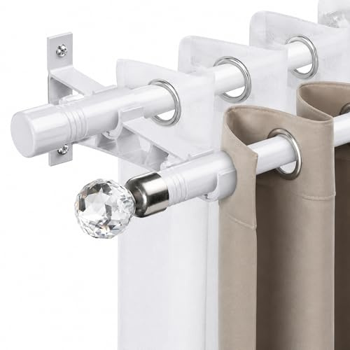 Double Curtain Pole Crystal, White, 76-149cm, Metal Heavy Duty, Wall Mount