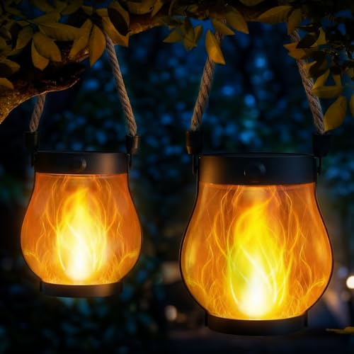 SLWOO Solarlampen für Außen Hängende 2 Stück Solar Laternen für Draußen | mit Realistische Flammeneffekte, IP65 Wasserdicht Solarleuchten Gartendeko mit Hanfseil für Außen Balkon Terrasse Halloween