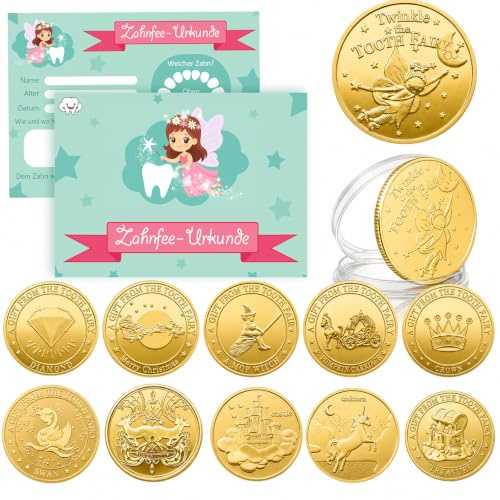 10 tandfe-mynt med olika mönster och 10 certifikat, flicka pojke | Mjölktandpåminnelse och liten belöning, förlorade tänder barn gåvor souvenir, tandfe talare, tandad saga mynt