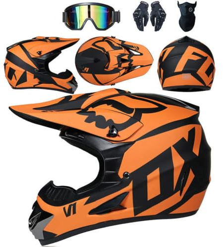 Casque De Moto pour Jeunes Casque De Motocross Adultes Enfants Casques De Cross Casque De Moto Enduro Casque VTT Intégral Certifié Dot avec Lunettes Masque Gants Casque De Descente,Orange-L