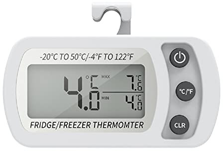 Termómetro digital para refrigerador, Termómetro para congelador a prueba de agua con gancho, Pantalla LCD fácil de leer, Función de registro máximo/mínimo, Ideal para el hogar, restaurantes,