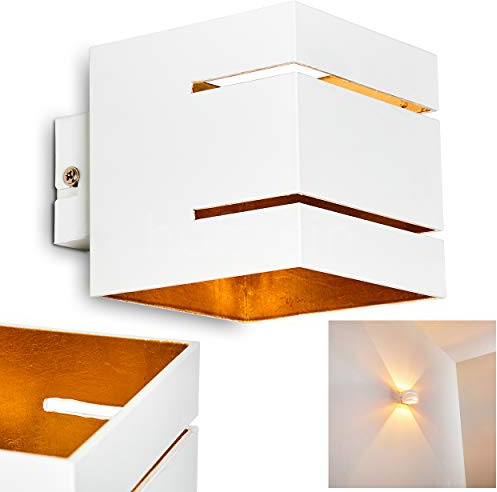 Wandlampe Varco aus Metall in Weiß/Gold mit Schlitzen, moderne Wandleuchte mit Lichteffekt, 1 x G9-Fassung, Cube/Innenwandleuchte mit Up & Down-Effekt, ohne Leuchtmittel