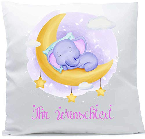 Kissen mit Namen Babyelefant flieder rosa liegend schlafend Mond Elefant Baby Wolke Stern 40x40 cm inkl. Füllung Kuschelkissen, Kissen Farbe:Vorderseite + RS weiß strukturierte Oberfläche