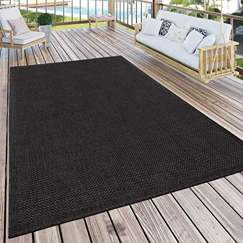 Paco Home In- & Outdoor Teppich wetterfest für Garten, Terrasse & Balkon flachgewebt in Moderner Sisaloptik einfarbig pflegeleicht & UV-beständig Schwarz, Grösse:200x350 cm