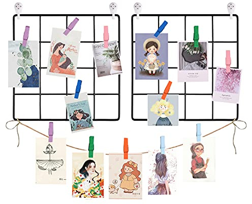 QXUJI Pared de rejilla fotográfica, exhibición de fotos para colgar en la pared, decoración de pared de malla metálica, panel de fotos para decoración de pared bohemia, soportes para fotos con 20