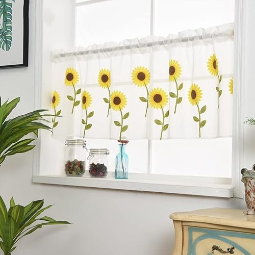 Devola Scheibengardine Pastorale Art Flächenvorhang transparente Kurzgardine Sonnenblume Besticke Bistrogardine Landhaus Küchengardine Balkongardine Kurzstore HxB 45x150cm Weiß 1er Pack