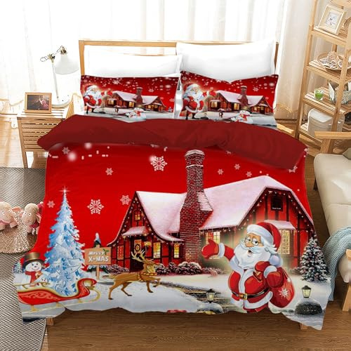 AVJWWD Weihnachts Bettwäsche Set Weihnachten Bettbezug, Weihnachtsmann,Weihnachtselch und Weihnachts-Schneeflocken-Muster,weiche Mikrofaser mit Reißverschluss (Weihnachtshäuschen, 200 x 200 cm)