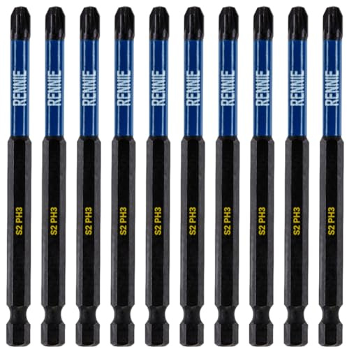 10 x Rennie Tools 100mm Long PH3 Impact Screwdriver Driver Bits Set | Magnetic Phillips No.3 Heavy Duty Impact Driver Bit Set. Extra Long PH3 Bits. Hex Shank. Cross Head. Black Oxide Coated