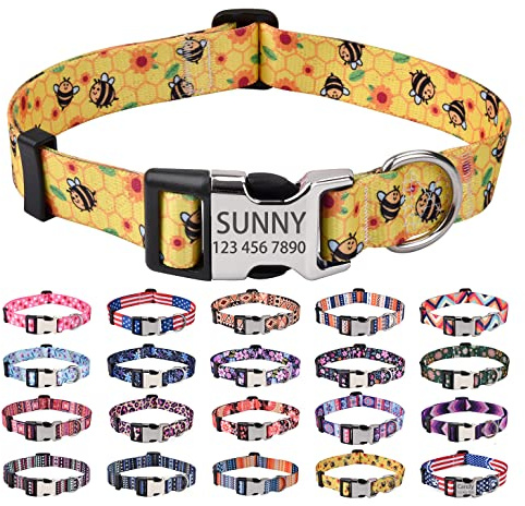 Mihqy Personalisiertes Hundehalsband mit Eingraviertem Namen und Telefonnummer - Weich & Komfort Hunde Halsband Hundehalsbänder für Kleine Mittlere Große Hunde(Biene,M)