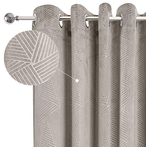 Emma Barclay Midnight - Embossed Velvet Woven Thermal Blackout Eyelet Curtains (Stone, Width 90 x Drop 90 (228 x 228cm))