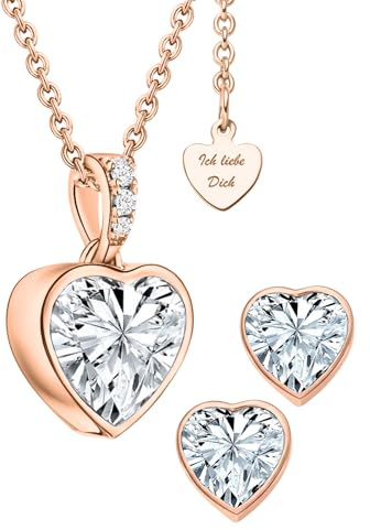 LOVENEST Schmuck Set Damen Silber 925/Rosegold/Gold ZIRKONIA Herz 3tlg. | Kette und Ohrringe Set – Geschenk zum Weihnachten Geburtstag Hochzeitstag, für Frau, Ehefrau Freundin – Herz Schmuck Set