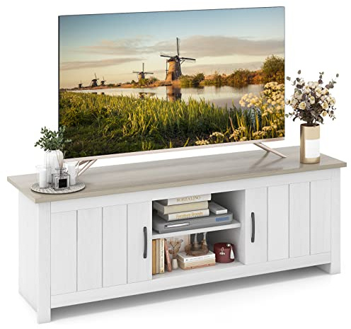 COSTWAY Mueble TV de hasta 65 Pulgadas, Muebles de Salón de 2 Puertas, Mesa Consola Moderna con 2 Estantes de Almacenaje, Centro de Entretenimiento para Cables, 145 x 39,5 x 49,5 cm (Blanco + Gris)