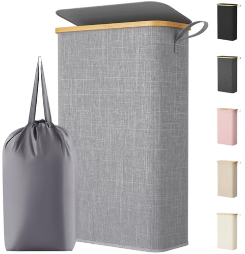Lifewit Tvättkorg med Lock, Smal Tvättkorg, Laundry Basket med Bambu Ram och Avtagbar Påse och Handtag, För Sovrum, Badrum, Tvättstuga, 65L, Ljusgrå