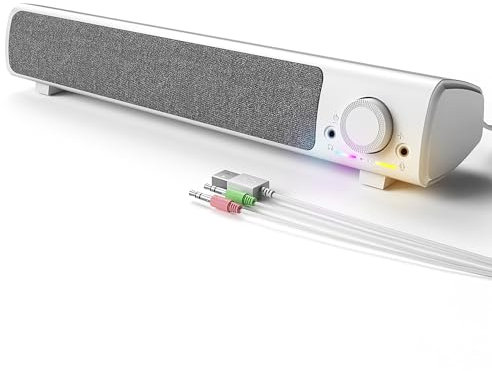 HPYLIF·H Altoparlante PC, Soundbar Gaming Altoparlante con jack per cuffie e microfono, funzionamento USB 3,5 mm, connettore AUX per computer portatili, Plug and Play (bianco)