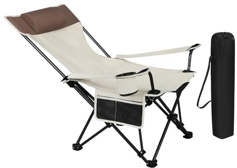 WOLTU Campingstol, vikbar fällstol, fiskestol, lätt strandstol, hopfällbar stol med ryggstöd, mugghållare, förvaringsväska 150 kg, belastbar beige CPS8147be