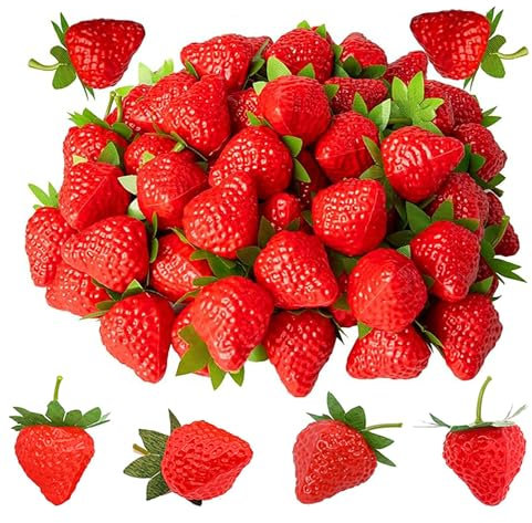 JINJUMEI 30 Stück Künstliche Kunststoff Erdbeere, Realistisch Kunststoff Erdbeeren Künstliche Früchte Erdbeer Dekor Gefälschte Erdbeere für Kuchendekoration, Basteln, Fotografie Requisiten