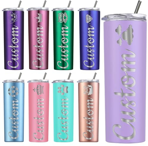 Amlion Gobelet personnalisé - Gravé au laser avec le nom, gobelets en acier inoxydable de 20 oz personnalisés avec couvercles et pailles pour les femmes et les hommes - 13 couleurs et 42 icônes