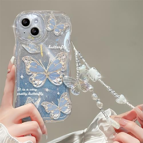 Emlivi Mobilskal för iPhone 7/8, med pärlarmband, fjärilar och blommor, estetiskt mobiltelefonfodral av silikon, skyddsfodral för kvinnor och flickor, glitter, kristall, sött skal, blått