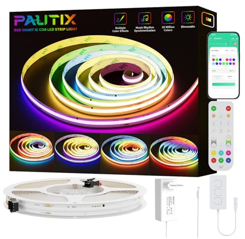 PAUTIX WIFI RGB Smart IC COB LED Streifen Kit 5M,24V Pixel Adressierbare Regenbogen Farbwechselnde LED Band Smart Funktion mit Alexa und Netzteil für DIY Beleuchtung Projekte
