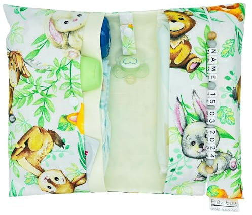 Große Windeltasche XXL mit Name personalisiert Wickeltasche - Waldtiere - für Jungen und Mädchen - Hase, Bär Reh, Fuchs - weiß, creme, grün