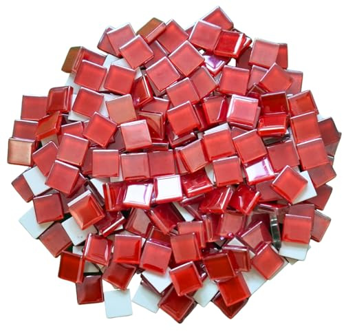 Yuvori Schillernde quadratische Glasmosaikfliesen, 1,5 cm, 0,5 kg, DIY, Bilderrahmen, Badewannen, Untersetzer, Vasen, Innendekor (Rot)