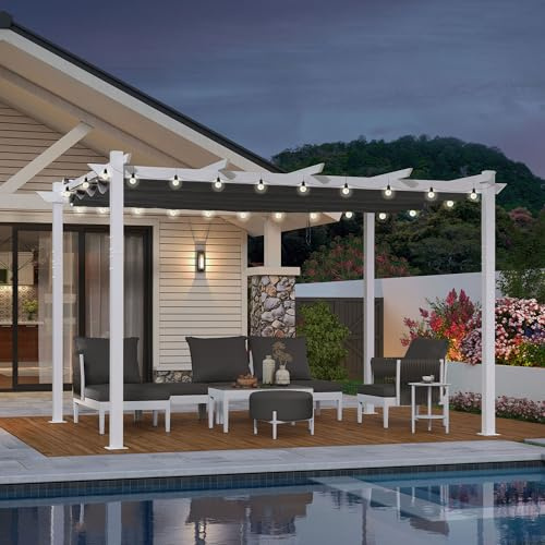 PURPLE LEAF Pergola Aluminium Blanc 4 x 3 m avec LED Toit Protecteur Gris | Chaleureux, Style moderne et épuré, Tissu teint en fil 180 g/m², Poteaux 9 × 9 cm, Toit coulissant, Pergola jardin extérieur