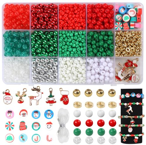 Maxmoc Weihnachten Perlen Bastelset für Kinder - Rot, Grün, Weiß Mit Weihnachtsanhänger,DIY Armband, Halskette, Dreadlock Basteln