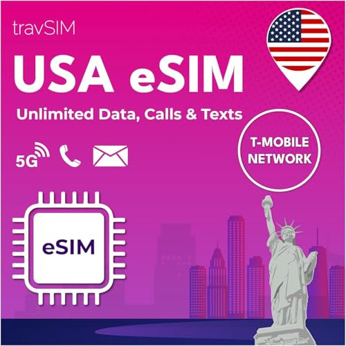 travSIM USA eSIM | T-Mobile Netz | Unbegrenzte Daten, Anrufe & Texte in den USA | e SIM Amerika funktioniert auf eSIM kompatiblen iOS & Android Geräten | e SIM Karte USA 07 Tage