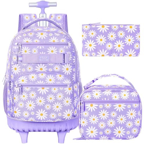gxtvo Rollrucksack für Damen und Herren, Büchertasche mit Rädern und Lunchbox für Mädchen und Jungen., Chrysantheme, Violett, Rollrucksack