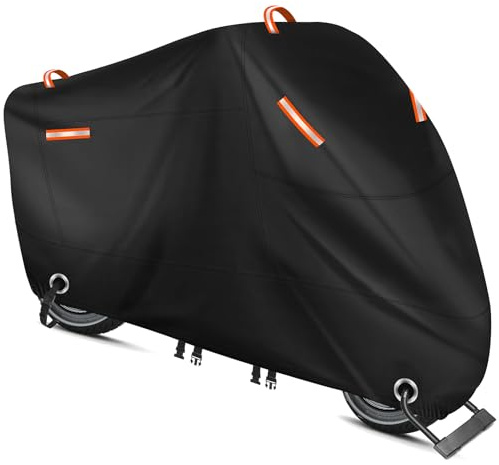 300D Heavy Duty Motorcycle Cover, All Season Waterproof Outdoor Scooter Cover with 4 Reflective Strip, 2 Lock-Hole, 2 Reflective Handle Fits up to 98 Honda Yamaha Suzuki Kawasaki (XL: 90x37x50)