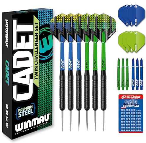 WINMAU Darts Cadet Twinset - Premium-Stahl - 19g Steeldarts-Set mit Dart Flüge und Dart-Schäften (Stielen) inkl. Punktekarte