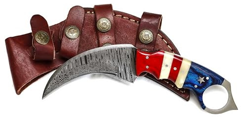 Custom Handmade Damascus Steel Hunting Knife with Sheath | 7.5'’ EDC Fixed Blade Hunting Skinning Knives For Men and Women Demasticus Camping Survival Belt Knifes For Horizontal Carry with American Flag Handle