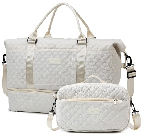 Outplea 55L Bolsa de Viaje Grand Mujer Ligera con Compartimento para Zapatos y Bolsa de Aseo, Macuto Maternidad Hospital para Yoga Deporte Regalo, Blanco