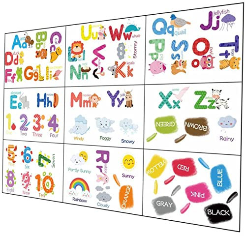 ibasenice 9blätter Wandaufkleber Alphabet Zahlen Wetter Farben Lernhilfen Für Kinderzimmer Und Klassenzimmer Selbstklebende Wanddekoration Für Frühe Bildung