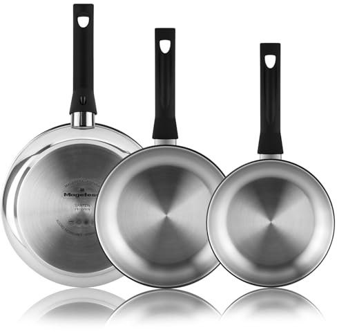 MAGEFESA Essencial Inox - Set de Sartenes Plateadas 24 + 26 + 28cm, Acero Inoxidable, Sin Recubrimiento ni Antiadherente, Ecológicas, Inducción