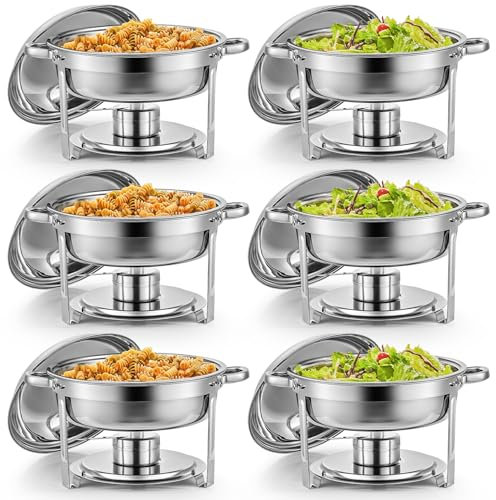 Chafing Dishes Set of 6, 5L Stainless Steel Round Chafing Dish Buffet Set,Food Warmer Kit with Lids and Food Pans for Restaurant Catering Parties Weddings Picnics
