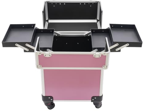 Sminklåda, sminkförvaringslåda, professionell stor handvagn sminklåda, frisörsalong låda med 4-rulle handtag skönhetslåda rosa, rosa, modern