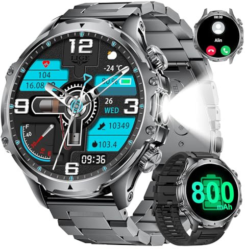 Military Smart Watch for Men with 800mAh and LED Flashlight, 1.85'' Smartwatch with Bluetooth Call/30+ Days Standby/Health Monitor, IP68 Waterproof Sport Tactical Fitness Tracker Watch for Android iOS