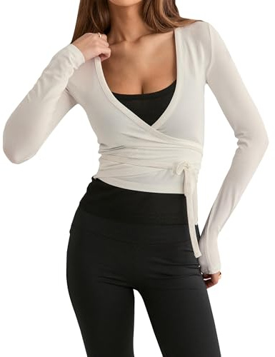 Felcia Y2K Damen Wickeltop mit Kreuzbindung, lange Ärmel, tiefer V-Ausschnitt, bauchfreies Shirt, schmale Passform, Tanz-Bolero, Shrug Fairy Yoga, Workout, Bluse, Weiß C, S