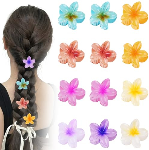 Alaoo Blumen Haarklammer, 12 Pcs Haarspangen Damen, Flower Hair Claw Clips | Hawaiian Plumeria Haarschmuck, rutschfeste Haarklammer Blume, Haarschmuck für Frauen dick/dünn Haar
