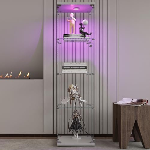 DAHUEN Vitrinskåp av glas, 4 lager med LED, vitrinskåp för samlingar, transparent, glasskåp, glasdörr, förvaringsskåp i glas för sovrum och vardagsrum, 164 x 36 x 42,5 cm (vit – 4