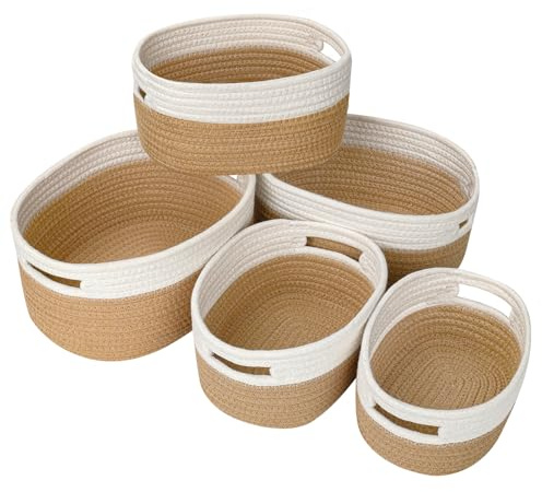 Ezvsevuo Juego de 5 Cestas Almacenaje Tejida de Algodón, Cestas Almacenaje Bebe, Cestas Organizador para Dormitorio, Baño, Salones, Cocina, Juguetes, Ropa - Yute & Blanco