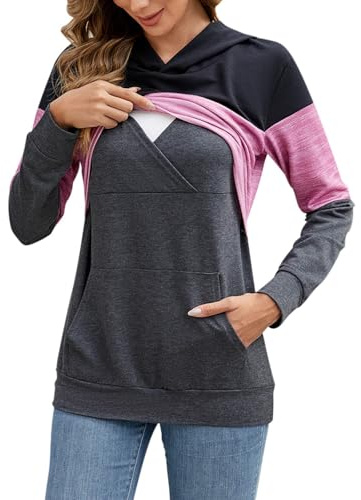 Generisch Ropa de lactancia de invierno para mujer, ropa de maternidad, manga larga, jersey de lactancia, sudadera con capucha, blusa de lactancia, con bolsillo, Rosa., S