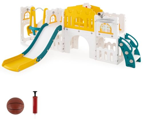 RELAX4LIFE 10 in 1 Scivolo per Bambini, Parco Giochi con Altalena, Canestro da Basket, Scala da Arrampicata e Tunnel, Giochi Montessori per Bambini 1 Anni + (Deluxe, Giallo+Verde)